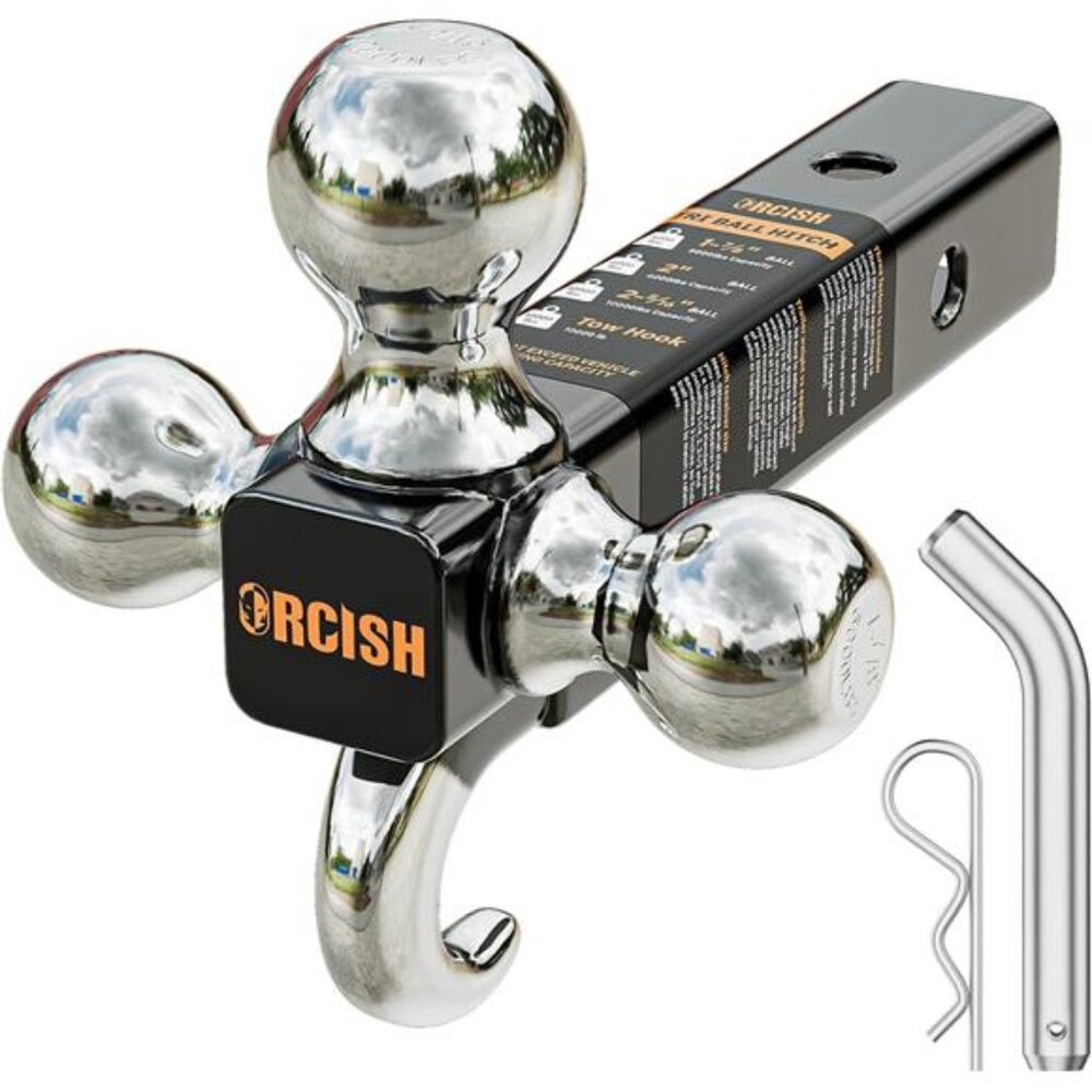Trailer Hitch Tri-Ball Mount with Hook & Pin, Trailer Ball Size 1-7/8", 2"